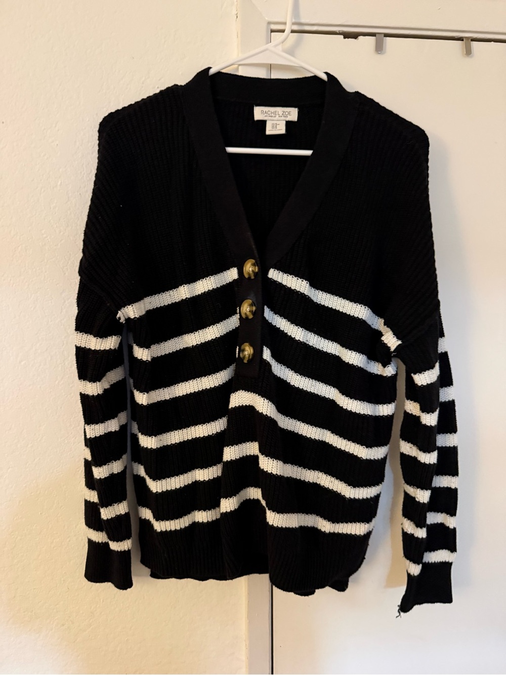 Rachel Zoe Black & White Striped V-Neck Cardigan with Gold Buttons